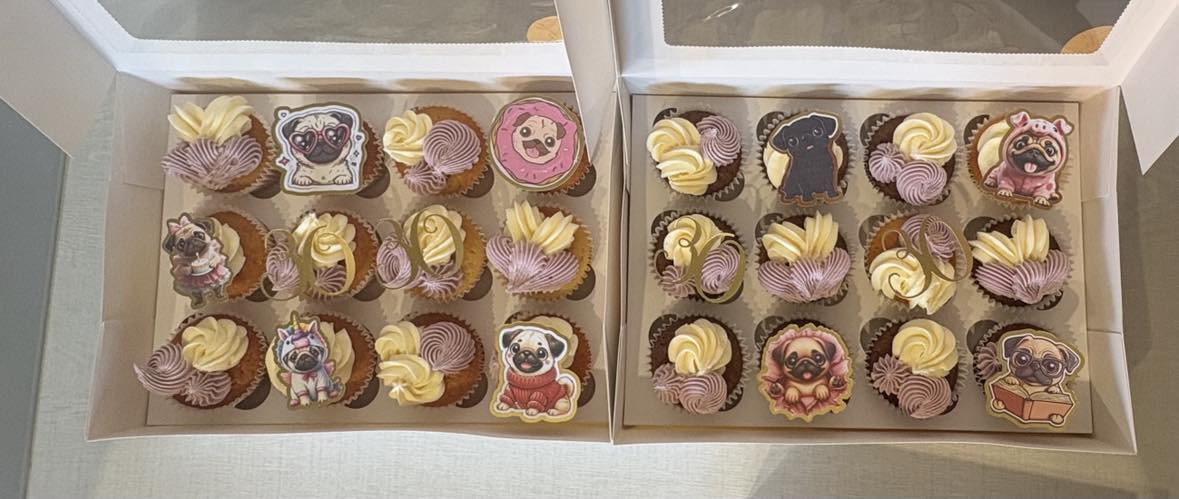 Two boxes of decorated pug-themed cupcakes
