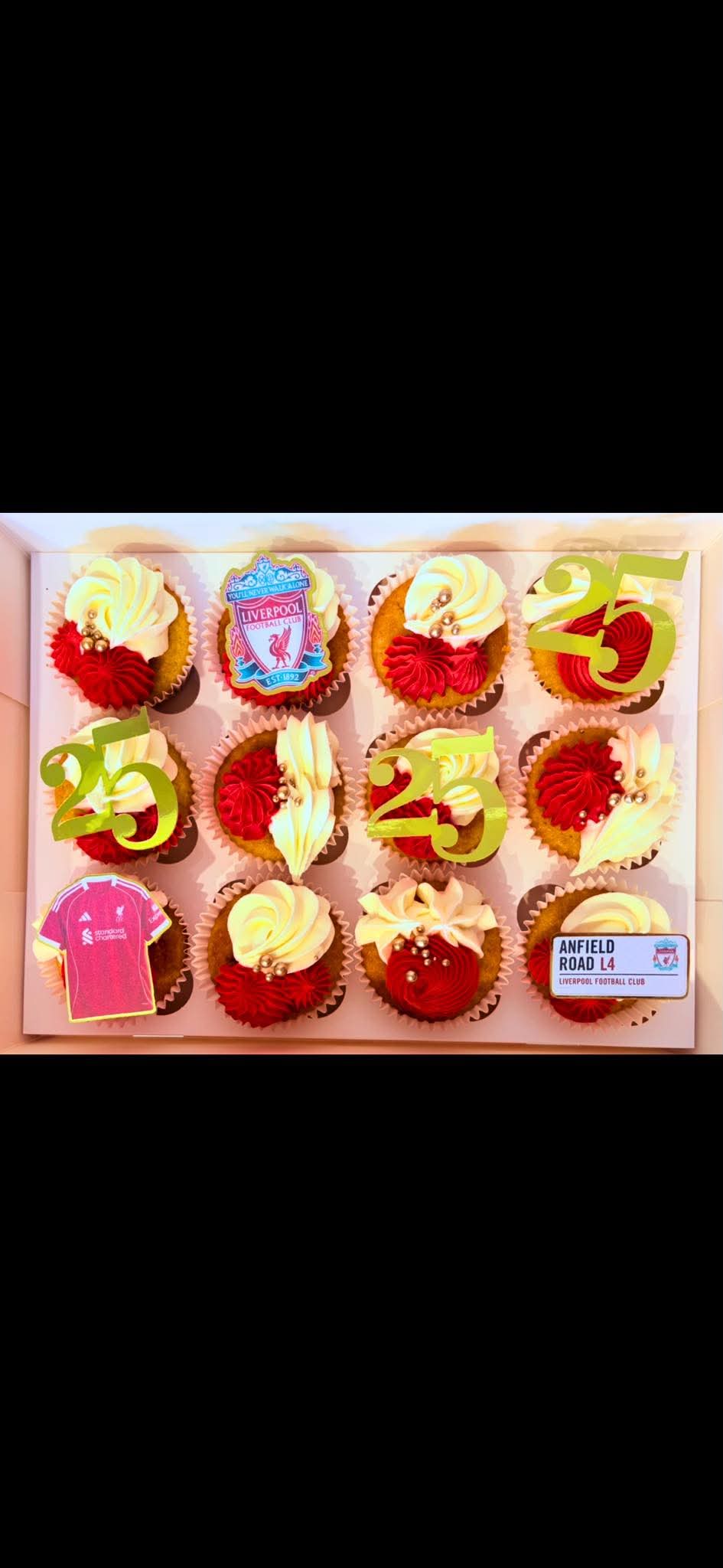 Red and ivory football-themed birthday cupcakes